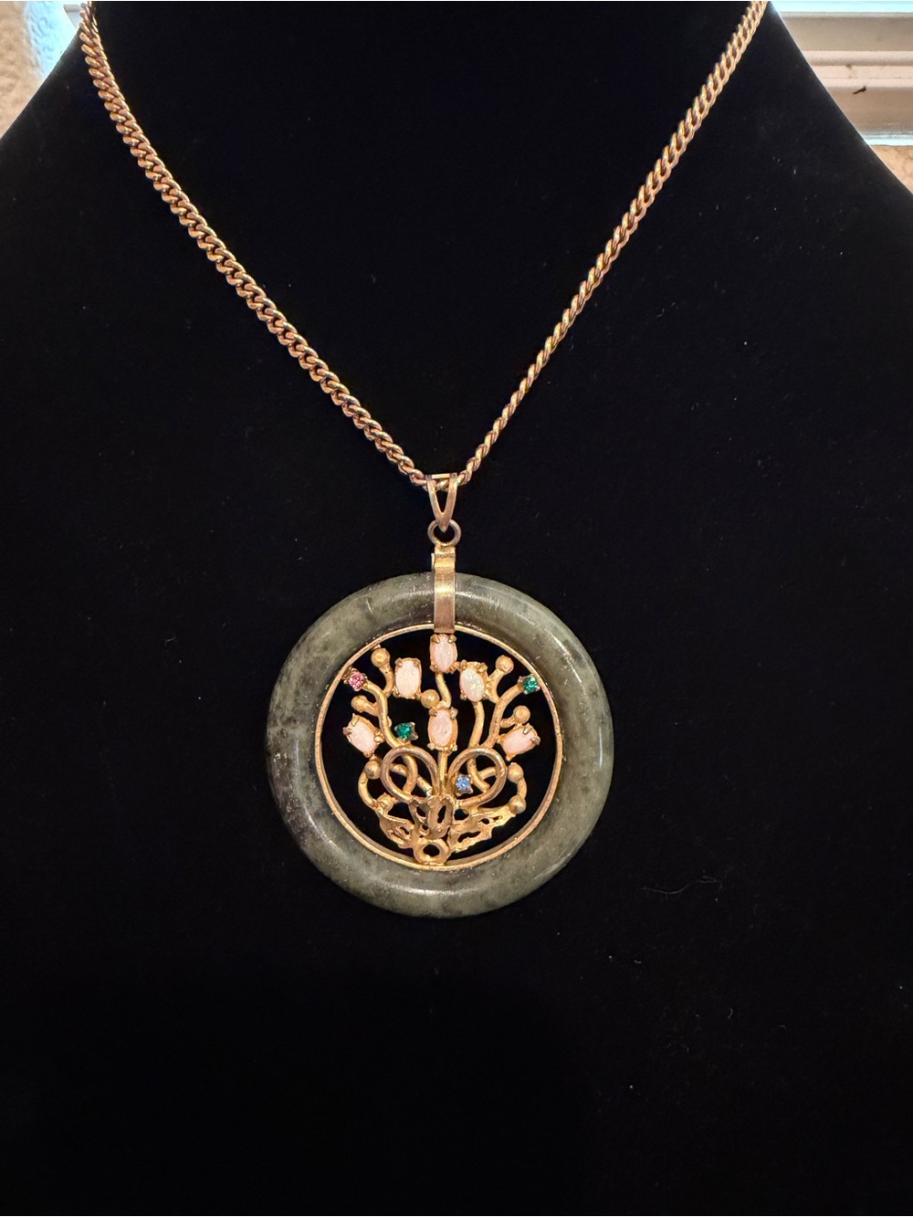 Dark Jadeite Hololith Gold Plated Tree Of Life Gemstone Necklace Opal Sapphire